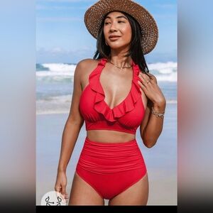 Elegant Red Ruffled Bikini Set XL